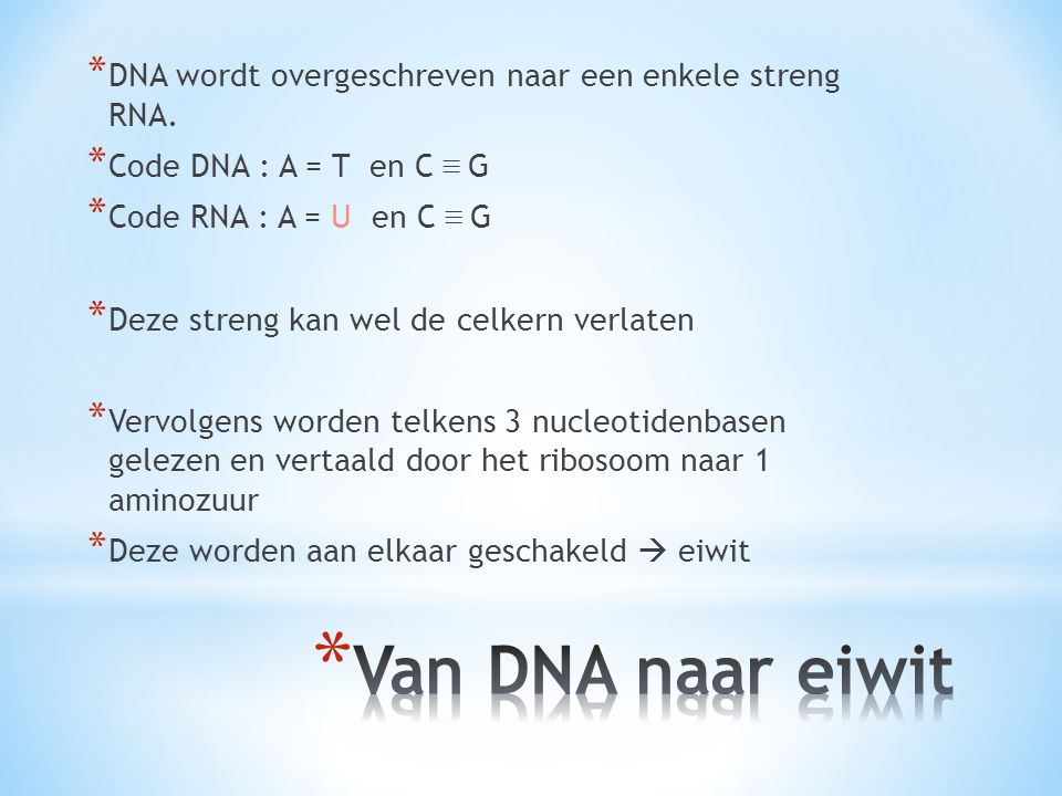 DNA wordt overgeschreven naar een enkele streng RNA.