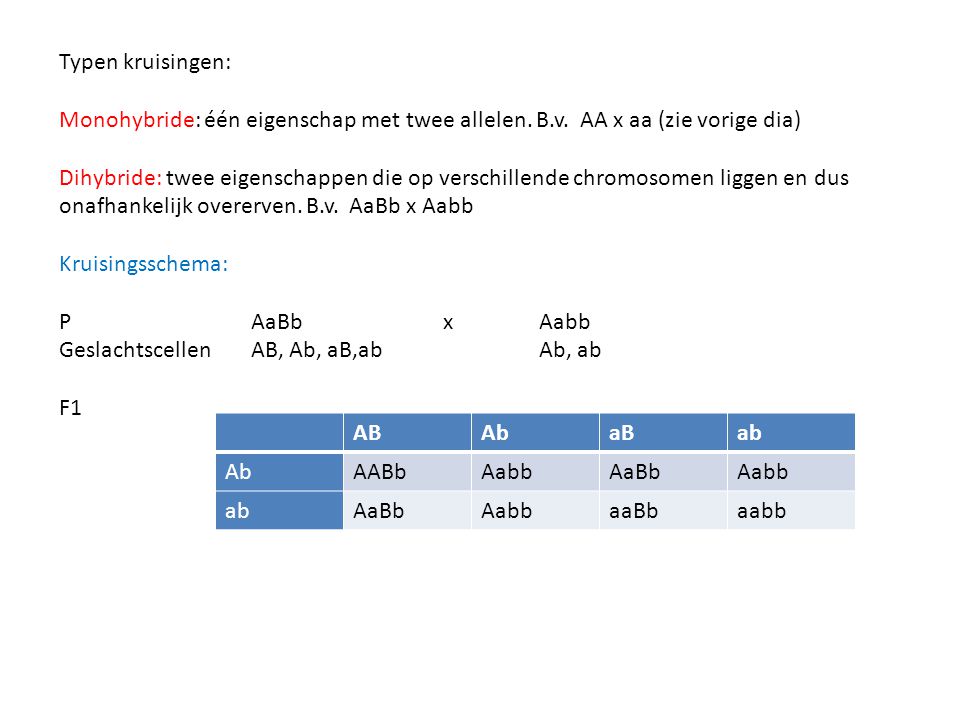 Typen kruisingen: Monohybride: één eigenschap met twee allelen. B.v. AA x aa (zie vorige dia)
