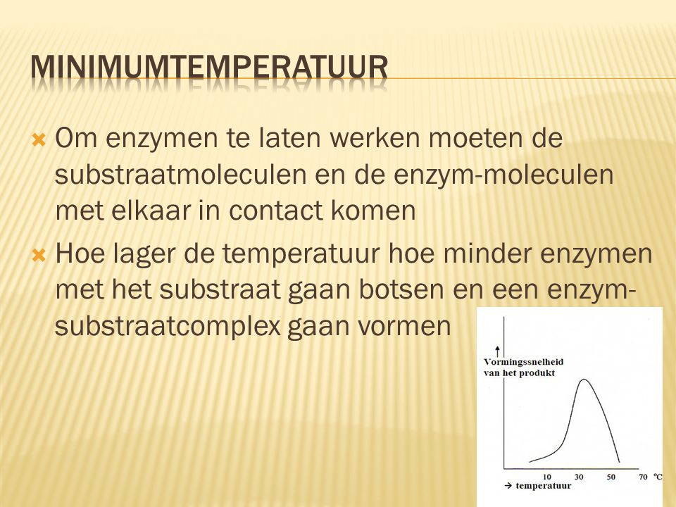 minimumtemperatuur Om enzymen te laten werken moeten de substraatmoleculen en de enzym-moleculen met elkaar in contact komen.