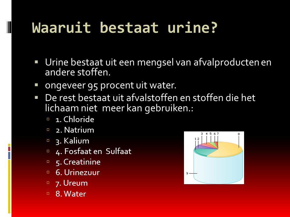 Waaruit bestaat urine Urine bestaat uit een mengsel van afvalproducten en andere stoffen. ongeveer 95 procent uit water.