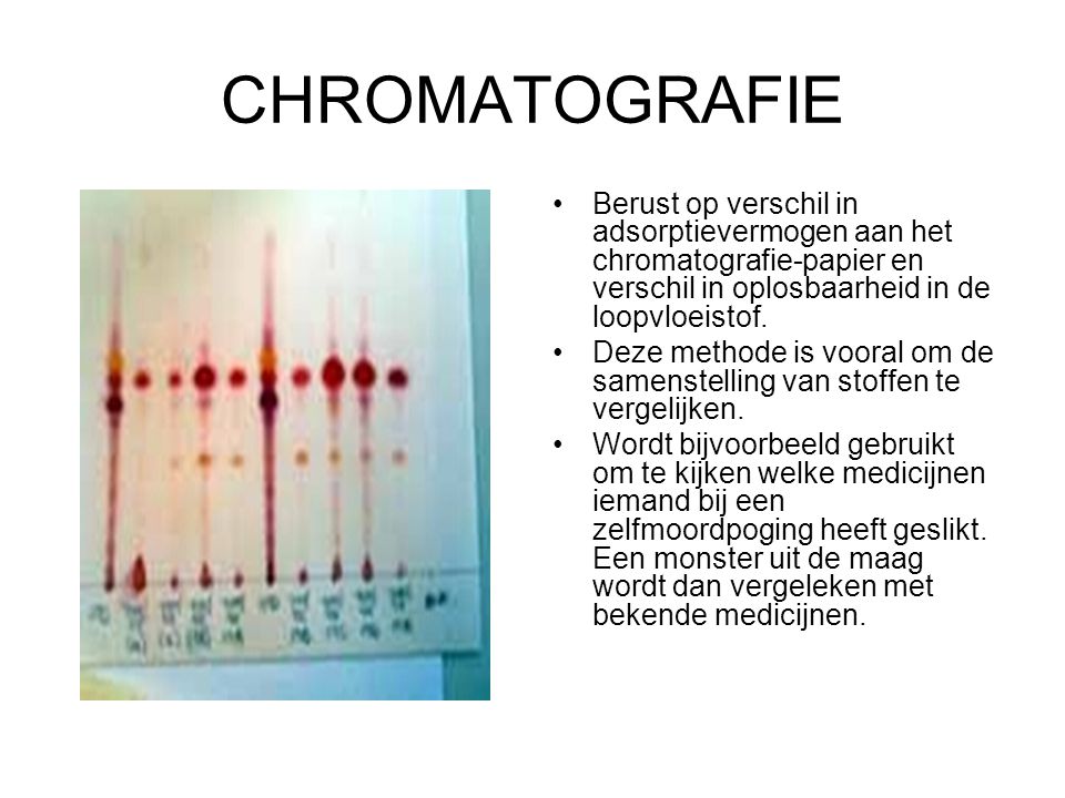 CHROMATOGRAFIE Berust op verschil in adsorptievermogen aan het chromatografie-papier en verschil in oplosbaarheid in de loopvloeistof.