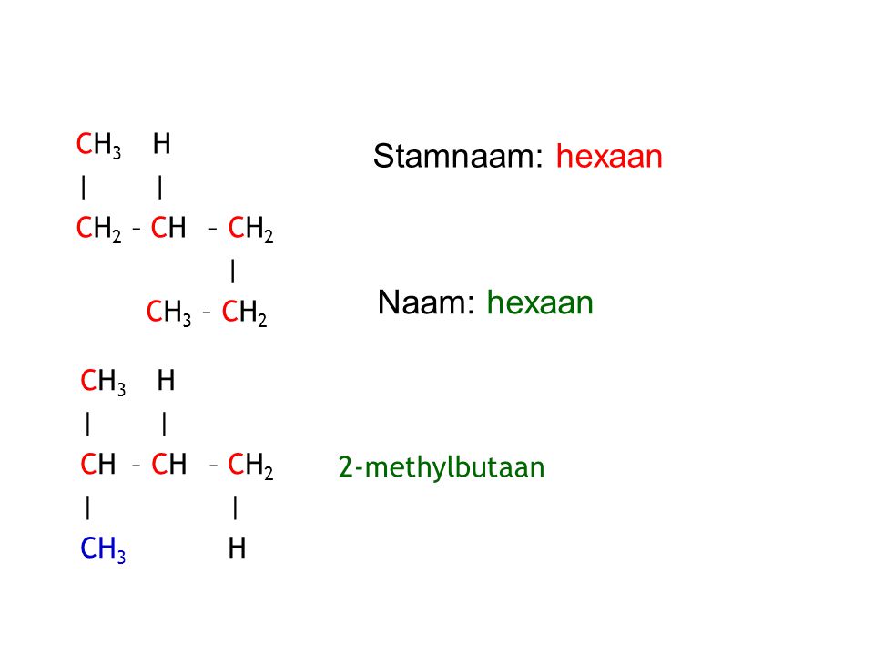 Stamnaam: hexaan Naam: hexaan CH3 H | | CH2 – CH – CH2 | CH3 – CH2