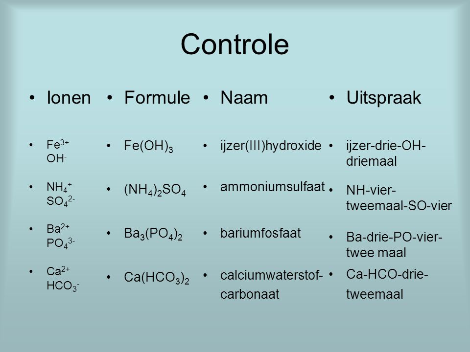 Controle Ionen Formule Naam Uitspraak Fe(OH)3 (NH4)2SO4 Ba3(PO4)2