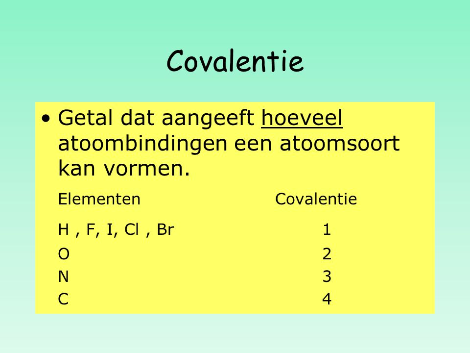 Covalentie Getal dat aangeeft hoeveel atoombindingen een atoomsoort kan vormen. Elementen Covalentie.
