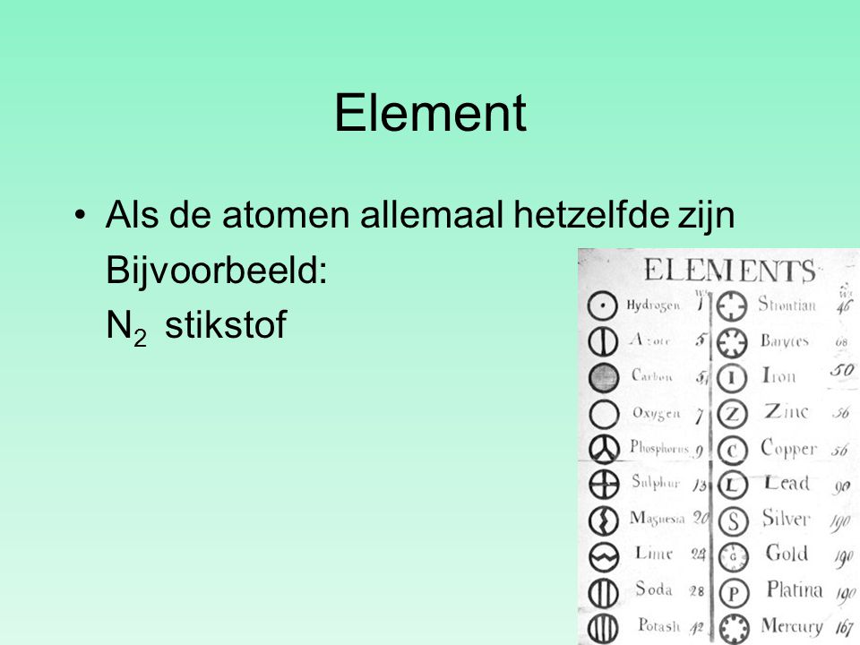 Element Als de atomen allemaal hetzelfde zijn Bijvoorbeeld: