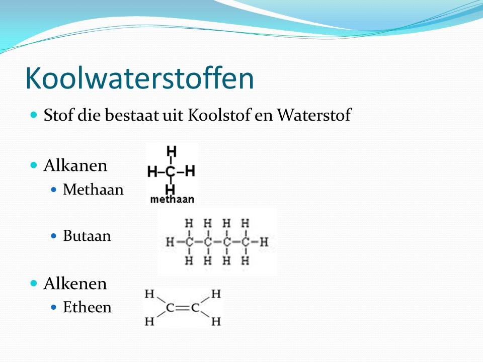 Koolwaterstoffen Stof die bestaat uit Koolstof en Waterstof Alkanen