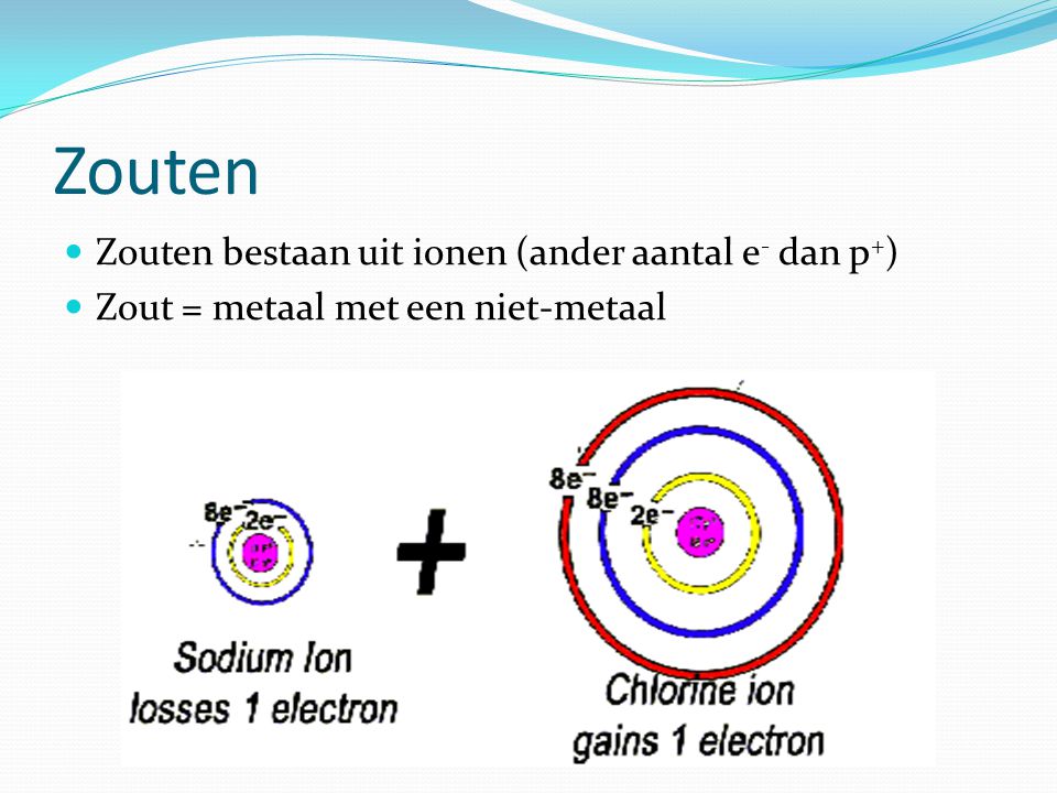 Zouten Zouten bestaan uit ionen (ander aantal e- dan p+)