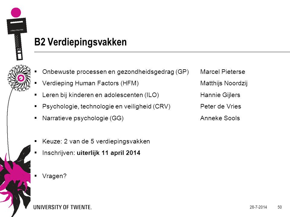 B2 Verdiepingsvakken Onbewuste processen en gezondheidsgedrag (GP) Marcel Pieterse. Verdieping Human Factors (HFM) Matthijs Noordzij.