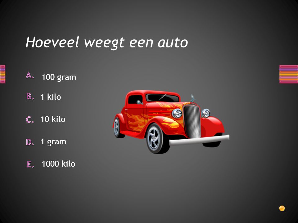 Hoeveel weegt een auto 100 gram 1 kilo 10 kilo 1 gram 1000 kilo