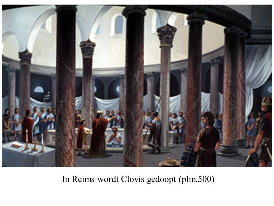 In Reims wordt Clovis gedoopt (plm.500)