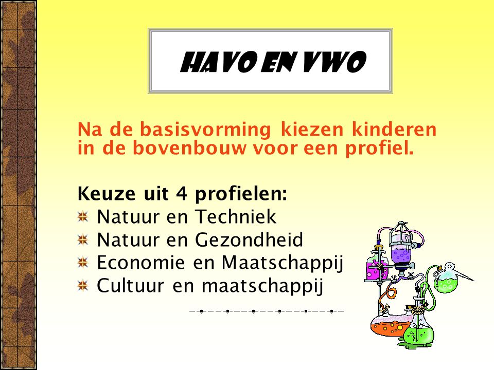 Havo en vwo Na de basisvorming kiezen kinderen in de bovenbouw voor een profiel. Keuze uit 4 profielen: