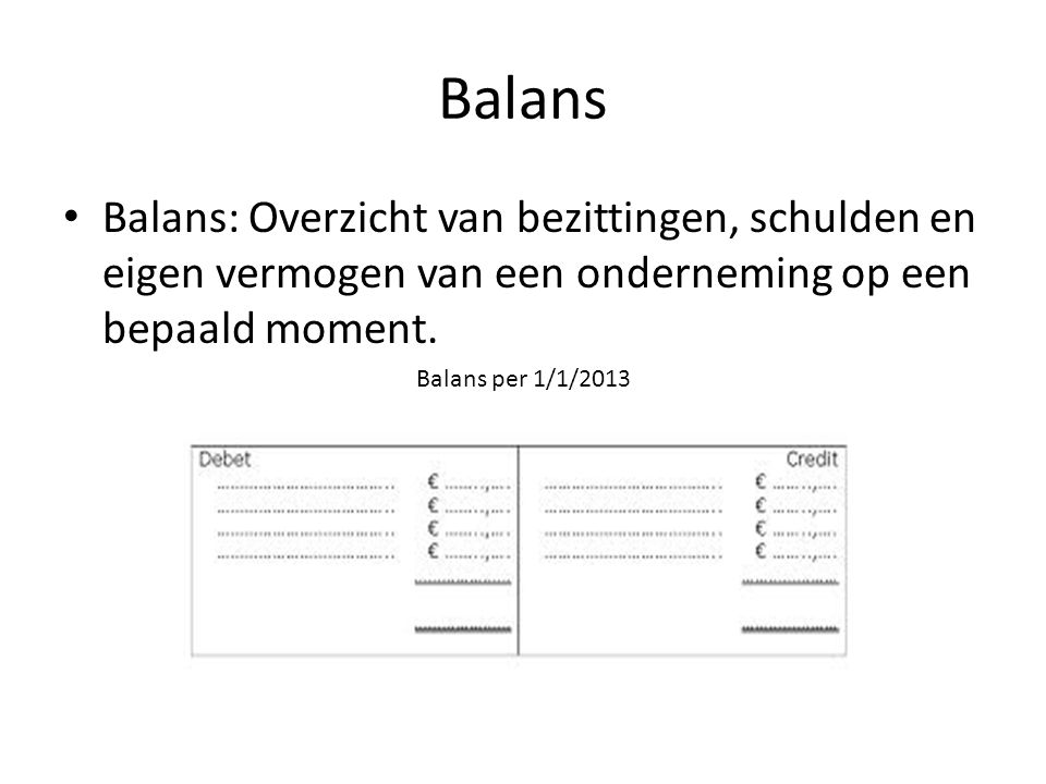 Balans Balans: Overzicht van bezittingen, schulden en eigen vermogen van een onderneming op een bepaald moment.