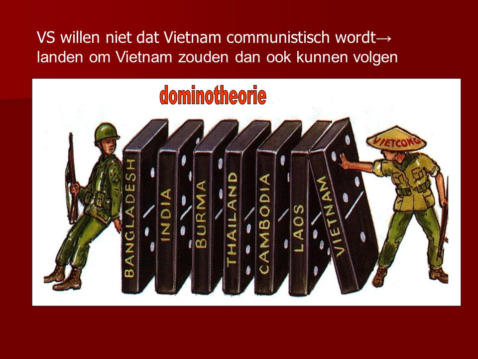 VS willen niet dat Vietnam communistisch wordt→ landen om Vietnam zouden dan ook kunnen volgen