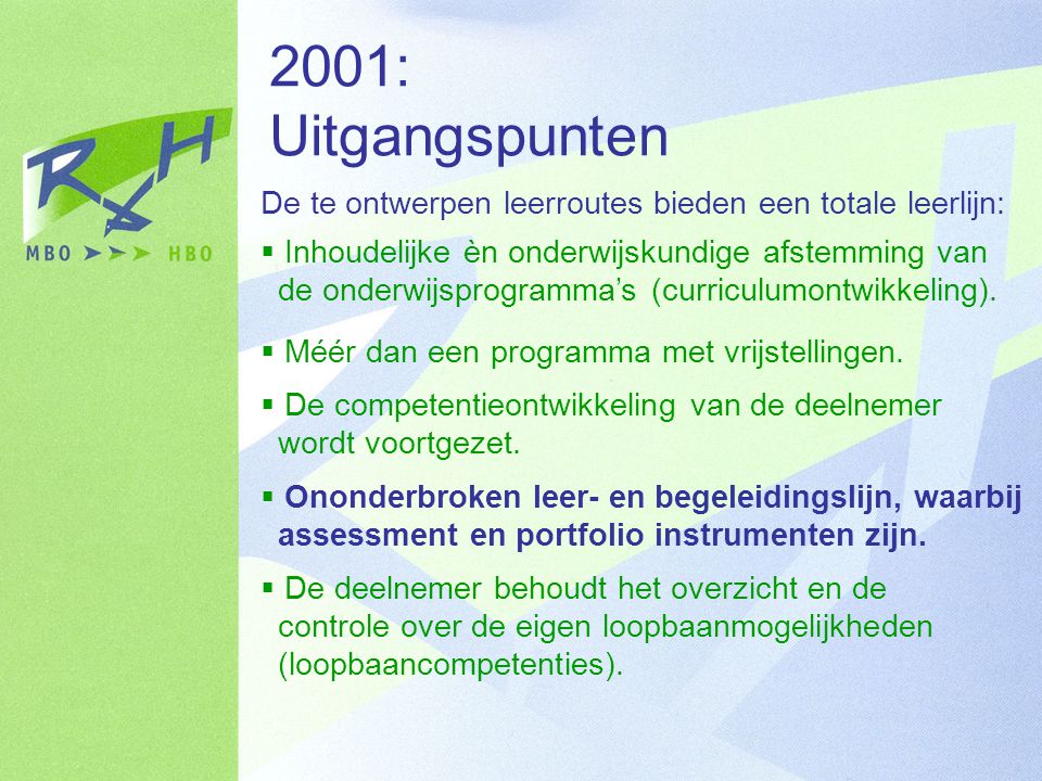 2001: Uitgangspunten De te ontwerpen leerroutes bieden een totale leerlijn: Inhoudelijke èn onderwijskundige afstemming van.