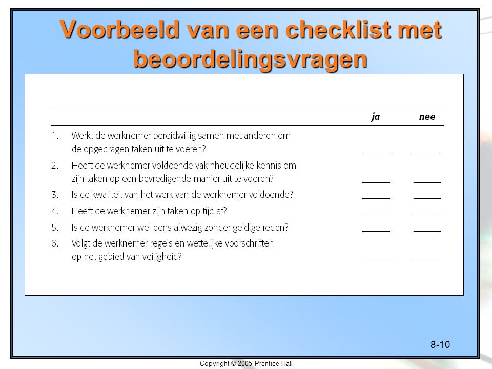 Voorbeeld van een checklist met beoordelingsvragen