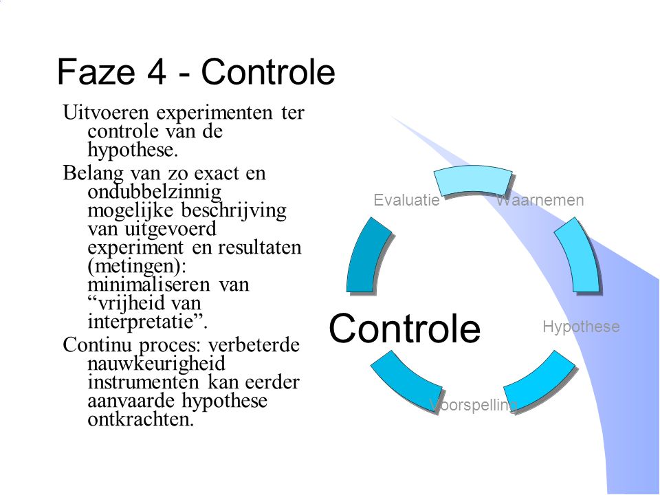 Faze 4 - Controle Uitvoeren experimenten ter controle van de hypothese.