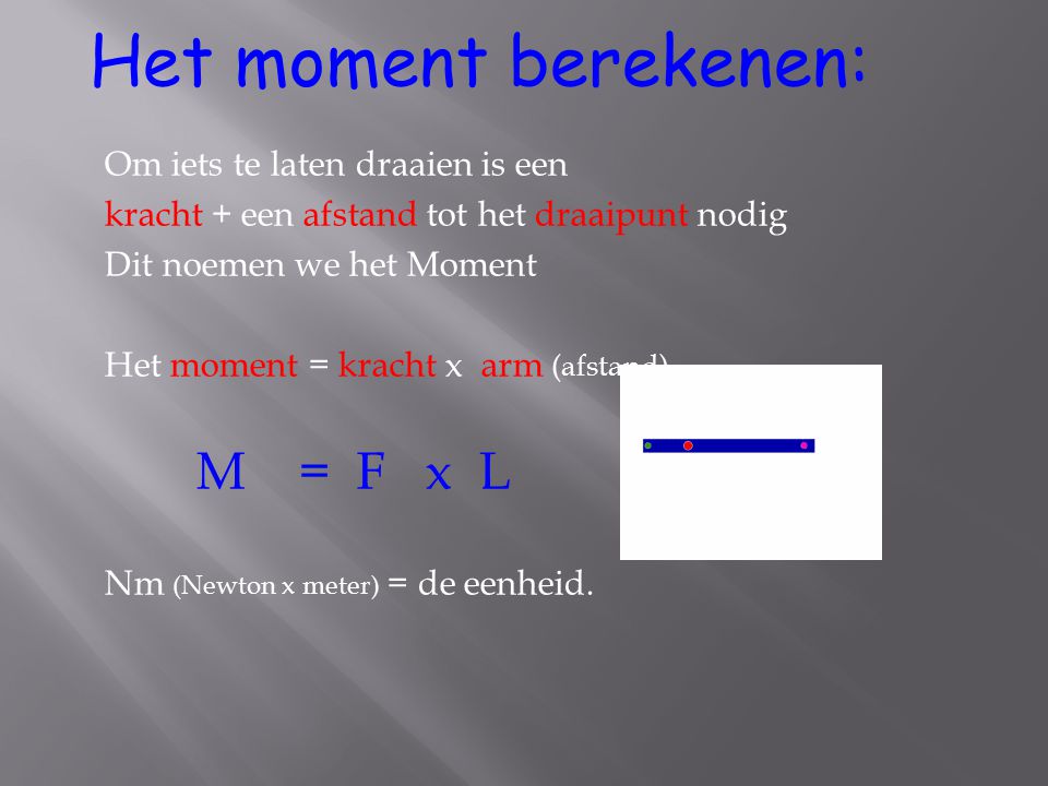 Het moment berekenen: M = F x L Om iets te laten draaien is een