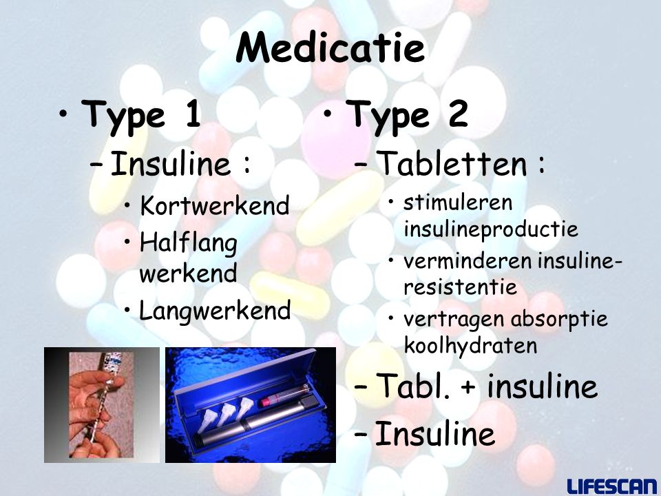 Medicatie Type 1 Type 2 Insuline : Tabletten : Tabl. + insuline