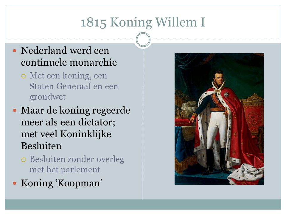 1815 Koning Willem I Nederland werd een continuele monarchie