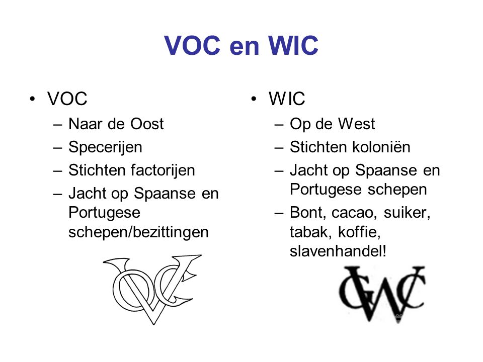 VOC en WIC VOC WIC Naar de Oost Specerijen Stichten factorijen