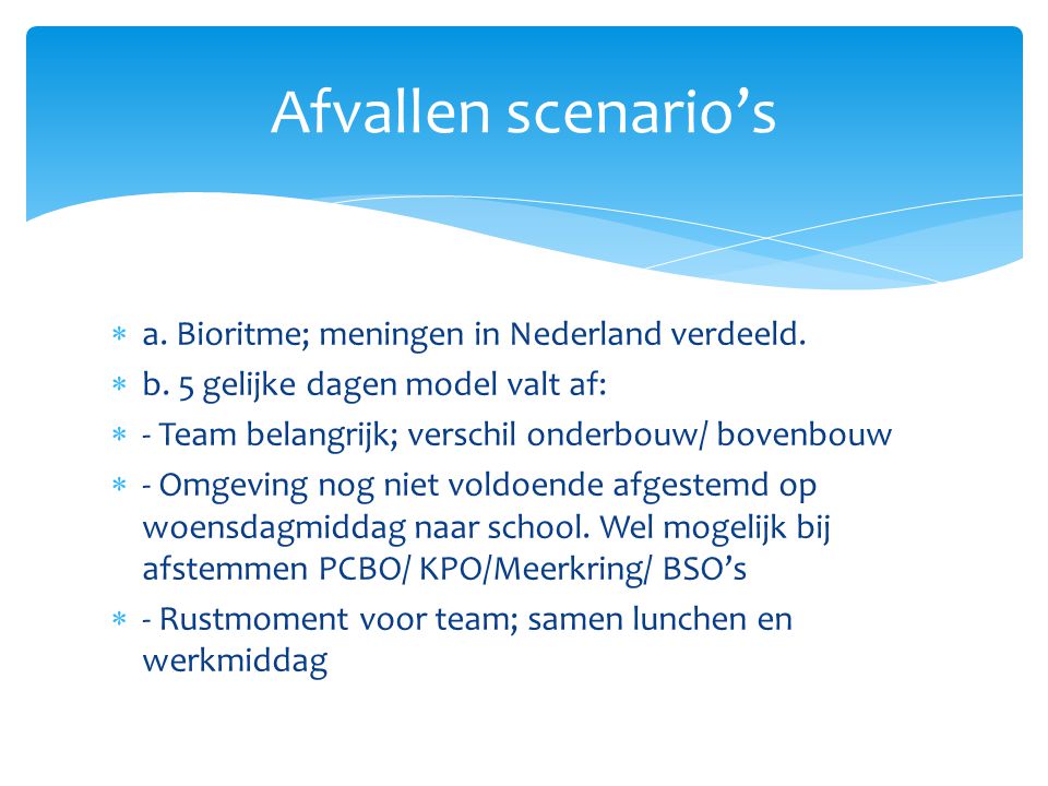 Afvallen scenario’s a. Bioritme; meningen in Nederland verdeeld.