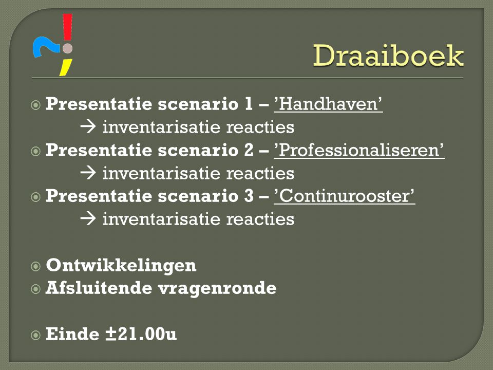 Draaiboek Presentatie scenario 1 – ’Handhaven’  inventarisatie reacties. Presentatie scenario 2 – ’Professionaliseren’