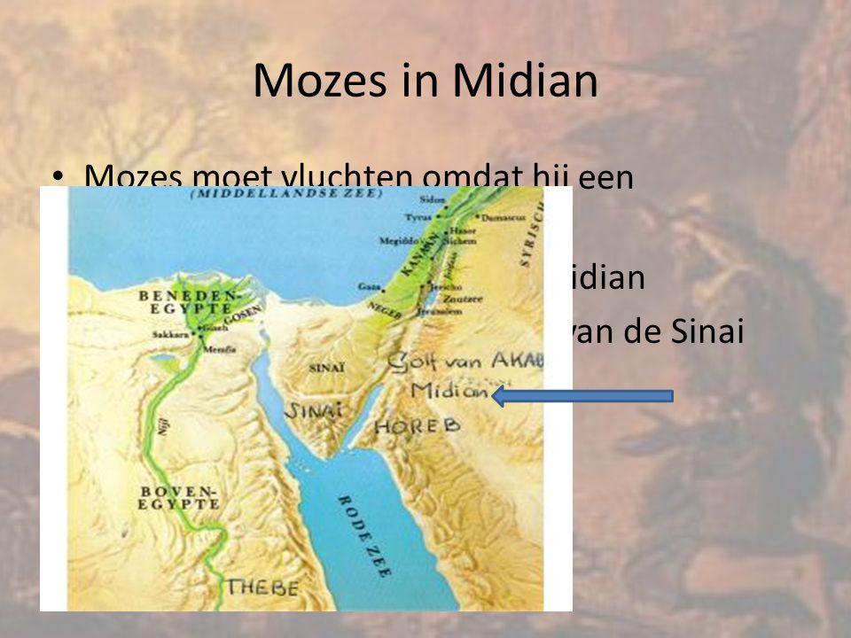 Mozes in Midian Mozes moet vluchten omdat hij een Egyptenaar heeft doodgeslagen. Hij vlucht de woestijn in naar Midian.