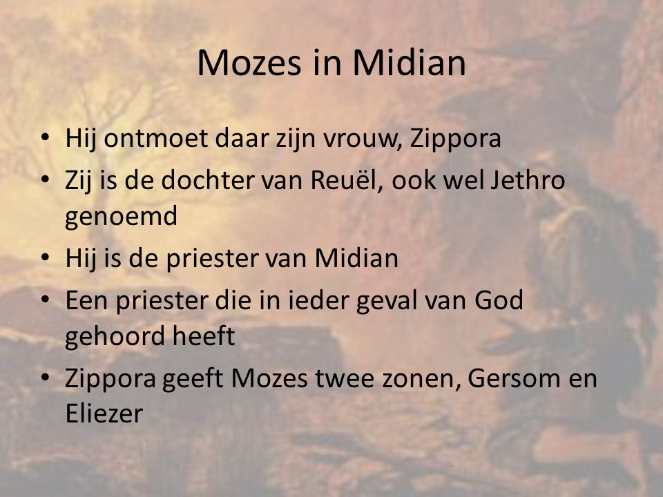Mozes in Midian Hij ontmoet daar zijn vrouw, Zippora