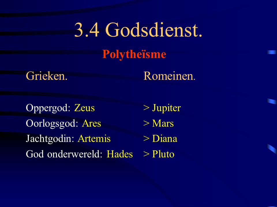 3.4 Godsdienst. Polytheïsme Grieken. Romeinen. Oppergod: Zeus