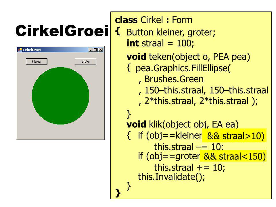 CirkelGroei class Cirkel : Form { Button kleiner, groter;