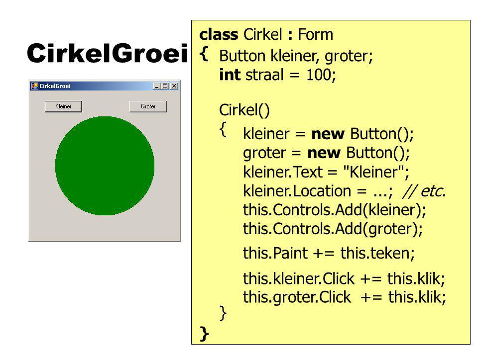 CirkelGroei class Cirkel : Form { Button kleiner, groter;
