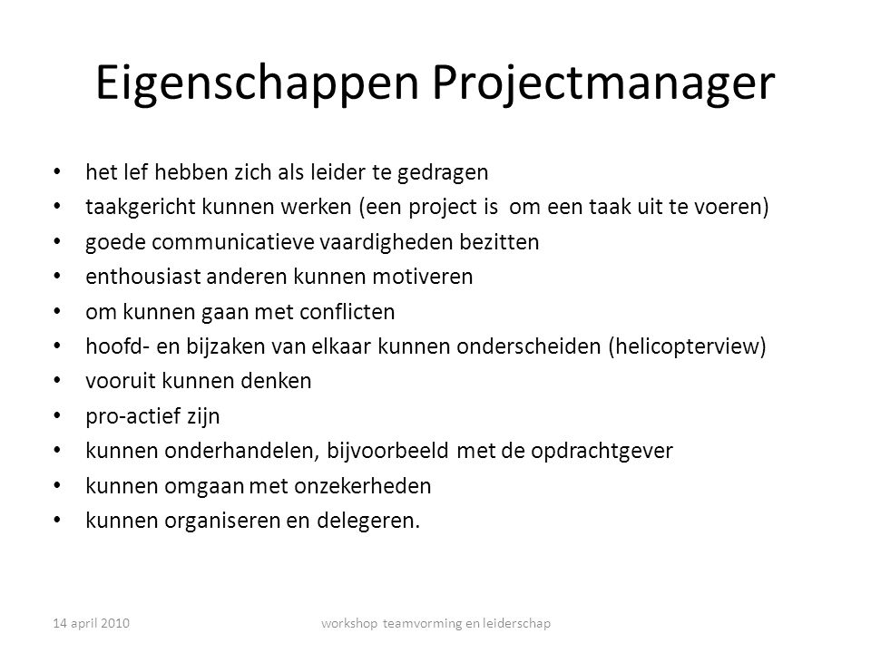 Eigenschappen Projectmanager