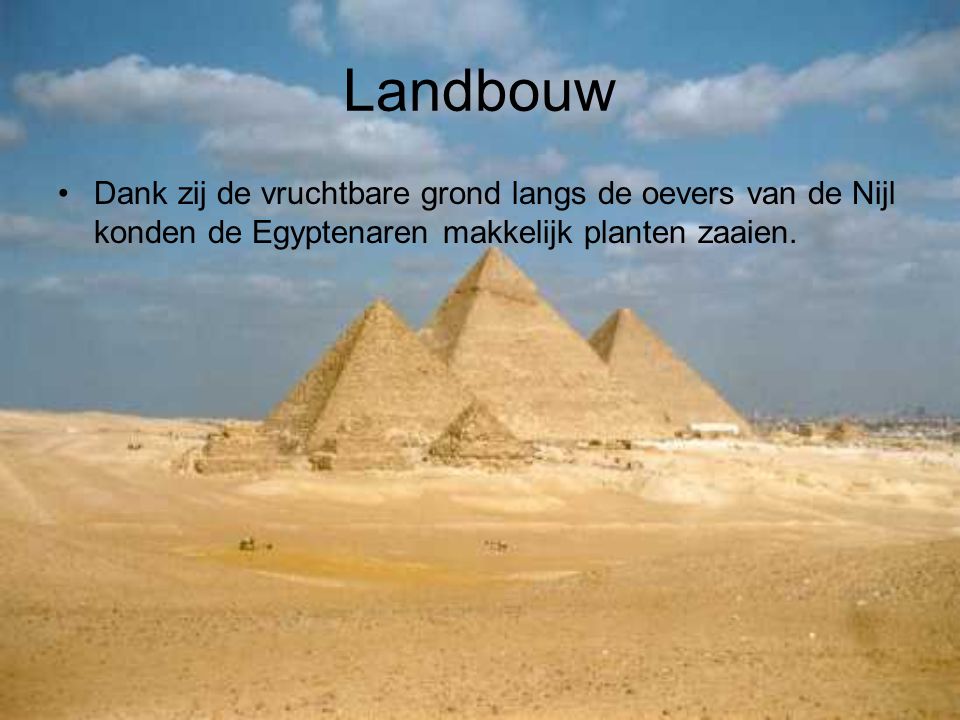 Landbouw Dank zij de vruchtbare grond langs de oevers van de Nijl konden de Egyptenaren makkelijk planten zaaien.