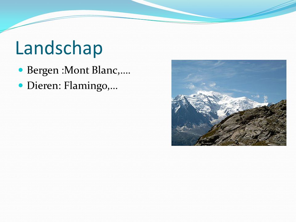 Landschap Bergen :Mont Blanc,…. Dieren: Flamingo,…