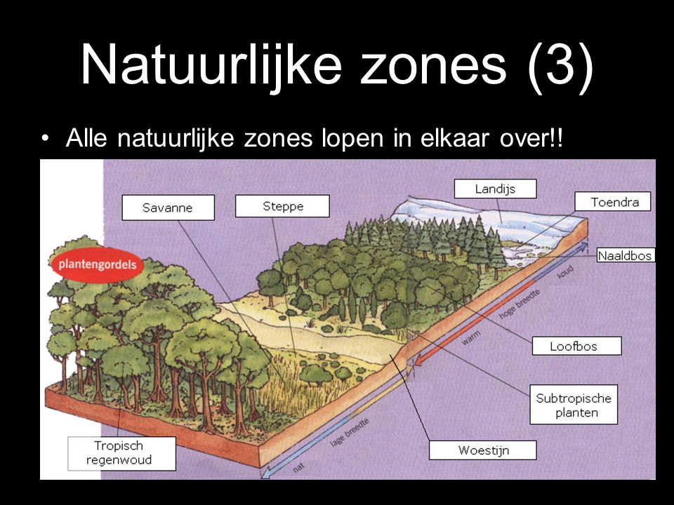 Natuurlijke zones (3) Alle natuurlijke zones lopen in elkaar over!!