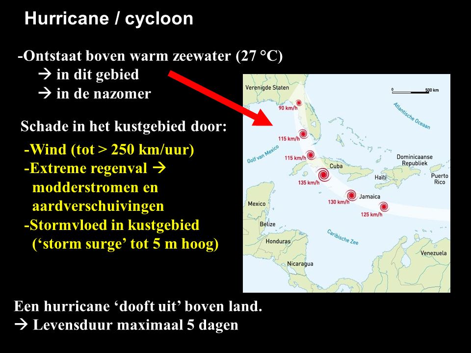 Hurricane / cycloon -Ontstaat boven warm zeewater (27 °C)  in dit gebied.  in de nazomer. Schade in het kustgebied door: