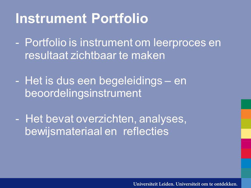 Instrument Portfolio Portfolio is instrument om leerproces en resultaat zichtbaar te maken. Het is dus een begeleidings – en beoordelingsinstrument.