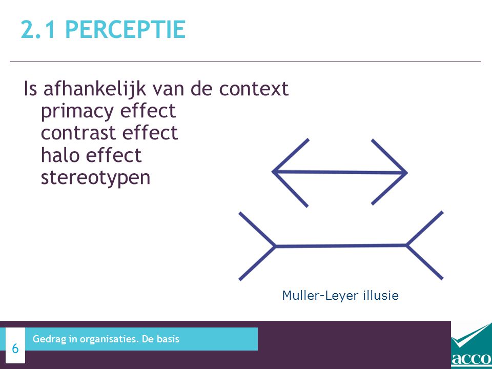 2.1 Perceptie Is afhankelijk van de context primacy effect contrast effect halo effect stereotypen.