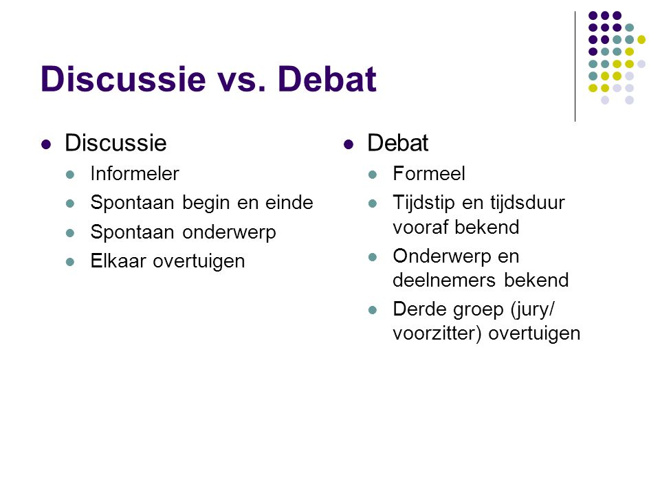 Discussie vs. Debat Discussie Debat Informeler Spontaan begin en einde