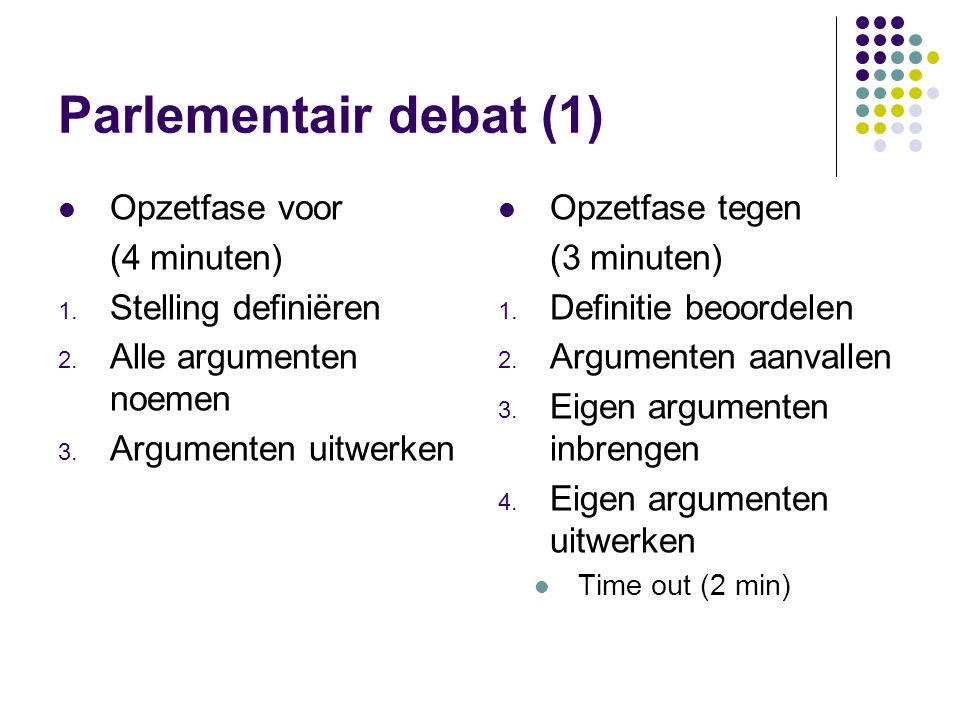 Parlementair debat (1) Opzetfase voor (4 minuten) Stelling definiëren