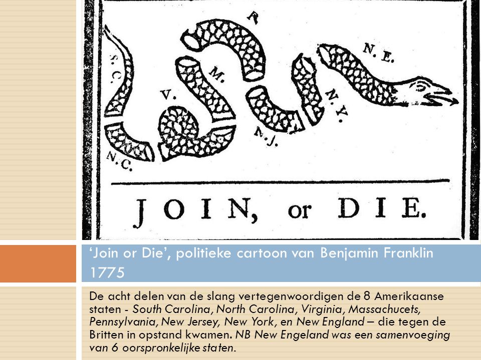‘Join or Die’, politieke cartoon van Benjamin Franklin 1775