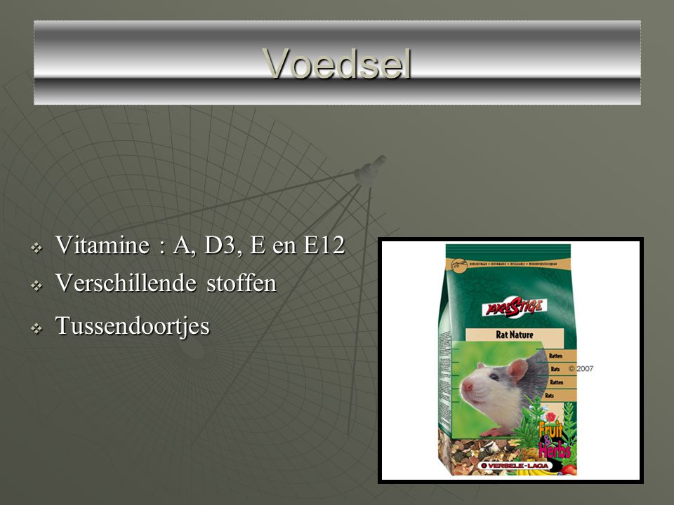 Voedsel Vitamine : A, D3, E en E12 Verschillende stoffen