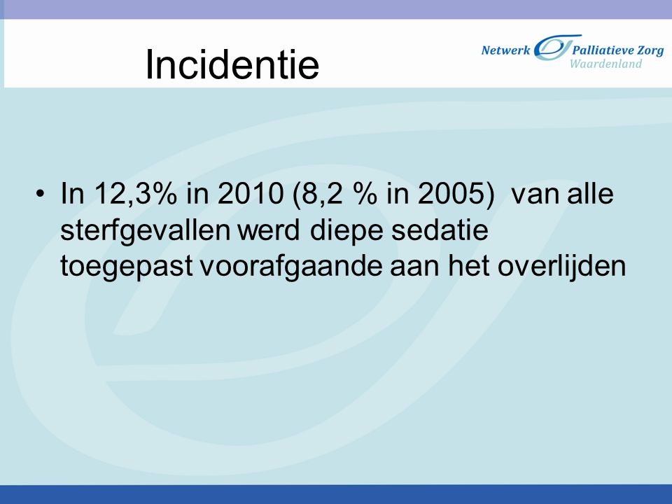 Incidentie In 12,3% in 2010 (8,2 % in 2005) van alle sterfgevallen werd diepe sedatie toegepast voorafgaande aan het overlijden.