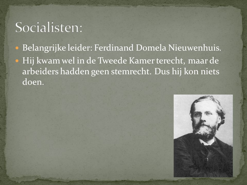 Socialisten: Belangrijke leider: Ferdinand Domela Nieuwenhuis.