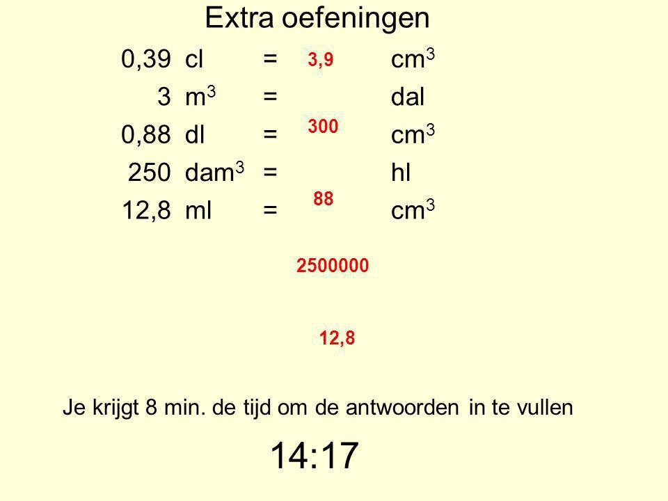 01:59 Extra oefeningen 0,39 cl = cm3 3 m3 dal 0,88 dl 250 dam3 hl 12,8