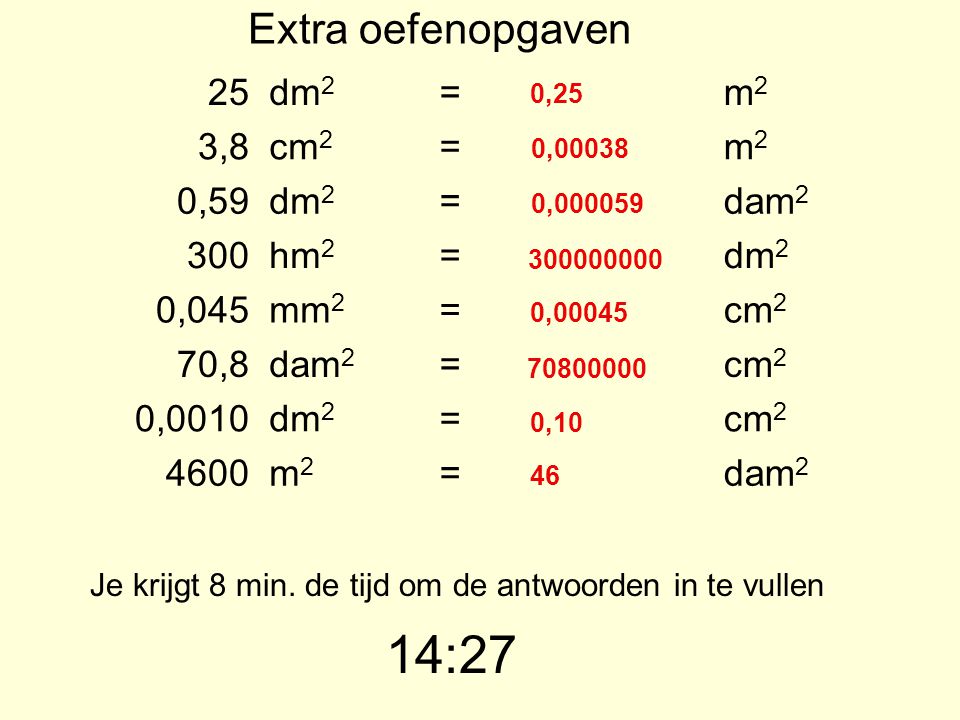 01:59 Extra oefenopgaven 25 dm2 = m2 3,8 cm2 0,59 dam2 300 hm2 0,045