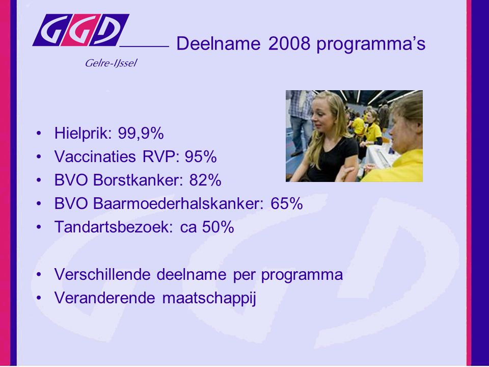 Deelname 2008 programma’s Hielprik: 99,9% Vaccinaties RVP: 95%