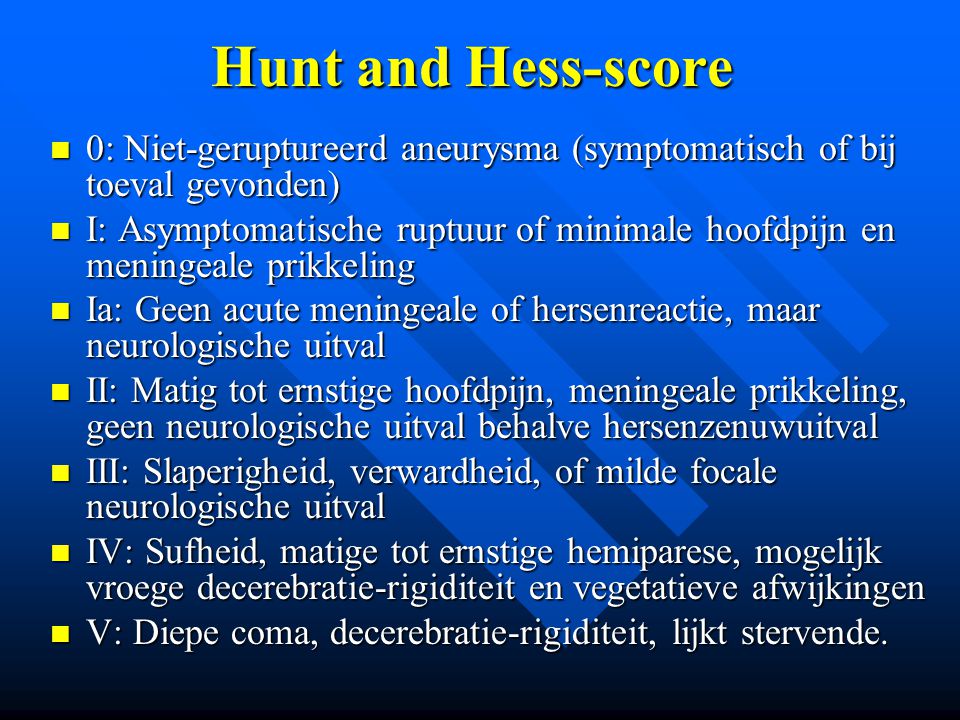 Hunt and Hess-score 0: Niet-geruptureerd aneurysma (symptomatisch of bij toeval gevonden)