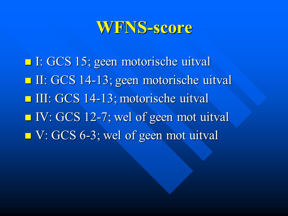 WFNS-score I: GCS 15; geen motorische uitval