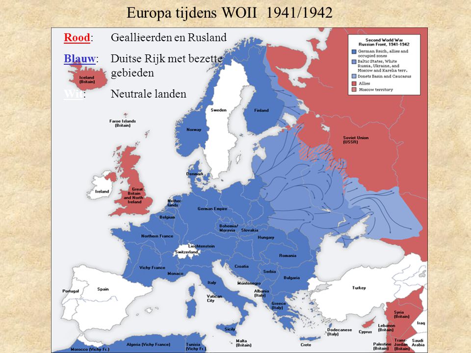 Europa tijdens WOII 1941/1942 Rood: Geallieerden en Rusland